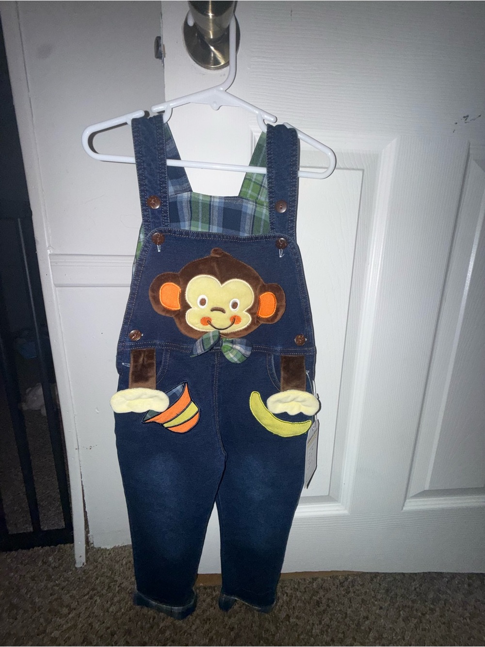 Navy Baby Monkey Appliqué Overalls with Plaid Lining